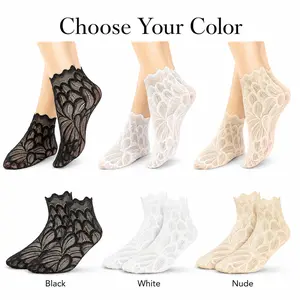 Women's Cotton Lacy Floral Embroidery See-Through Mesh No Show Ankle Socks - Soft Stretch Cuff, Breathability, Moisture-Wicking, Non-Slip, Padded Toe, Elastic, Cold Wash, Elegant for Flats & Heels, All Seasons, Thanksgiving Gifts