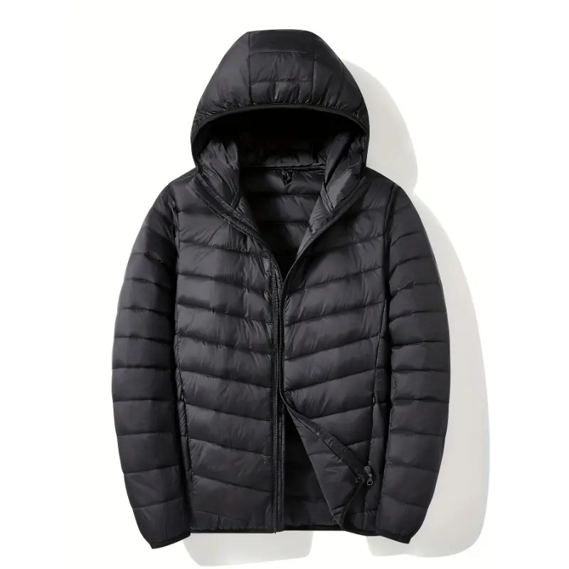 Men's Lightweight Hooded Duck Down Coat - Waterproof, Warm, Cozy, Stretch Fabric Menswear for Winter Outdoor Activities, Casual Fit with Zip-Up Front, Coats, Tops