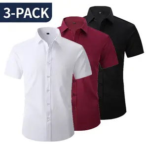 3-Pack Men’s Breathable Solid Color Short Sleeve Shirts – Slim Fit Business Shirt Set for Office Commuting
