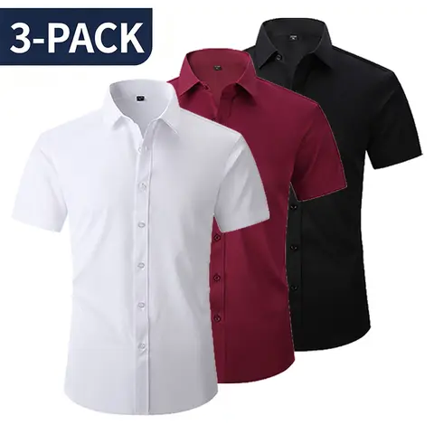 3-Pack Men’s Breathable Solid Color Short Sleeve Shirts – Slim Fit Business Shirt Set for Office Commuting