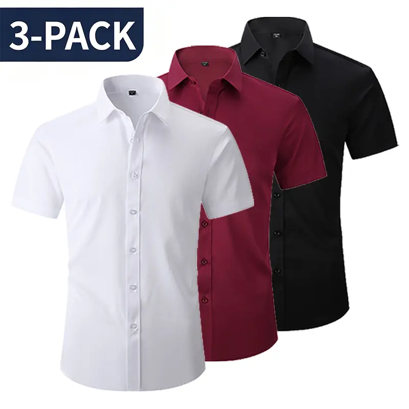 3-Pack Men’s Breathable Solid Color Short Sleeve Shirts – Slim Fit Business Shirt Set for Office Commuting