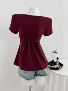 Casual Versatile Twist Knot V-Neck Short Sleeve T-Shirt For Women, Available In All Seasons Red Burgundy