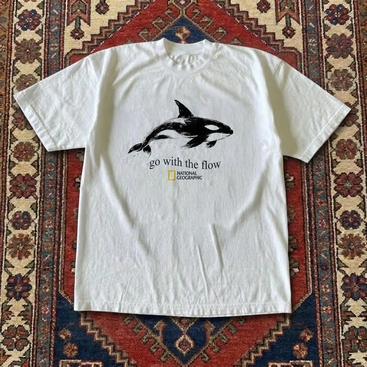 MuhNational Geographic white t-shirt with black orca graphic and 'go with the flow' Shirt for Women