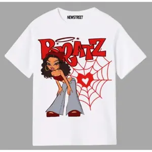 Unisex Boxy Fit Heavyweight TeeBRATZ Doll T-Shirt - Comes in Red or Black on Blk or White Shirt Short sleeve Cotton Casual T shirt graphic Cute  Comfortable Summer  TopOrganic Cotton Boxy Fit Oversized Dropped Shoulder