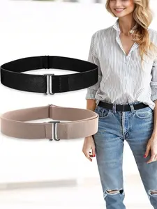 2pcs No Show Elastic Stretch Belts, Trendy Belt for Women and Men, Tuck Crop Band ，Invisible Strap Belt with Flat Buckle for Jeans Pants Dresses Adjustable