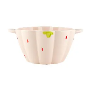 Golden Lion Pink Strawberry Ceramic Bowl - 6 Inch Double Ear Flower Shape Dessert Bowl, 590ML Capacity