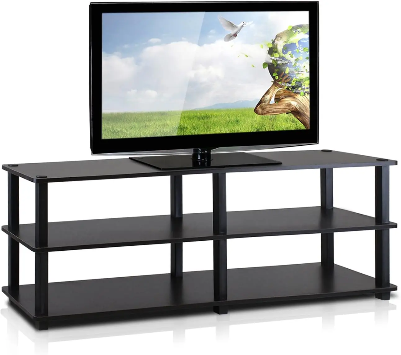 Modern 3-Tier Turn-S-Tube Pine Wood TV Stand, No-Tools Assembly, Space Saver, 55-in TV Fit, Espresso/Black Indoor Furniture Console Cabinet with Shelf, Tv Console Cabinet