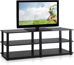 Modern 3-Tier Turn-S-Tube Pine Wood TV Stand, No-Tools Assembly, Space Saver, 55-in TV Fit, Espresso/Black Indoor Furniture Console Cabinet with Shelf, Tv Console Cabinet