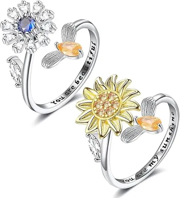 Women's 2-Piece Stackable Spinning Fidget Rings - 360-Degree Spin Function, Sunflower, Butterfly, Bee, Star & Moon Designs, Adult Anxiety & Stress Relief Fashion Costume Jewelry, Stackable Rings, Female, Stacking Rings, Rings For Women