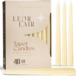 Leor & Lair Taper Candles  - 40 Pack for Weddings & Events Ambiance, Elegant 10" Candlesticks, Ivory, White, Red, Green Black & Pink