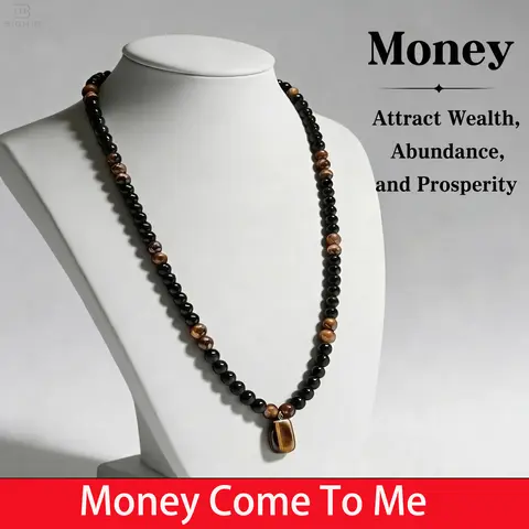 Unisex Black Obsidian-Tiger Eye Pendant Necklace - 27" (69cm) Chain, 75g, Sleek Profile, Organic Textures, Grounding, Clarity, Retro Spiritual Style Necklaces, Daily Fashion Accessory, Meaningful Anniversary Gift