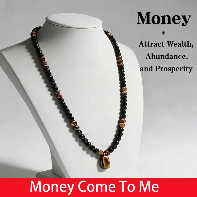 Unisex Black Obsidian-Tiger Eye Pendant Necklace - 27" (69cm) Chain, 75g, Sleek Profile, Organic Textures, Grounding, Clarity, Retro Spiritual Style Necklaces, Daily Fashion Accessory, Meaningful Anniversary Gift