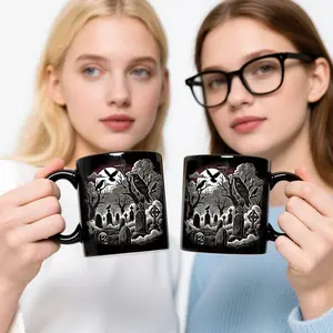 Gothic Raven Tombstone Ceramic Coffee Mug, Halloween & Day of the Dead Design, Insulated Reusable Round Shape, Perfect for Spooky Drinks