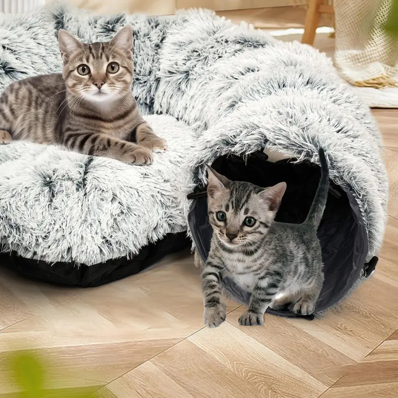 Winter Warm Pet Bed, 2 in 1 Foldable Cat Tunnel Cat Bed, Warm Plush Cat Bed with Hanging Ball & Tunnel Buckle, Pet Supplies for Indoor Outdoor Use 8