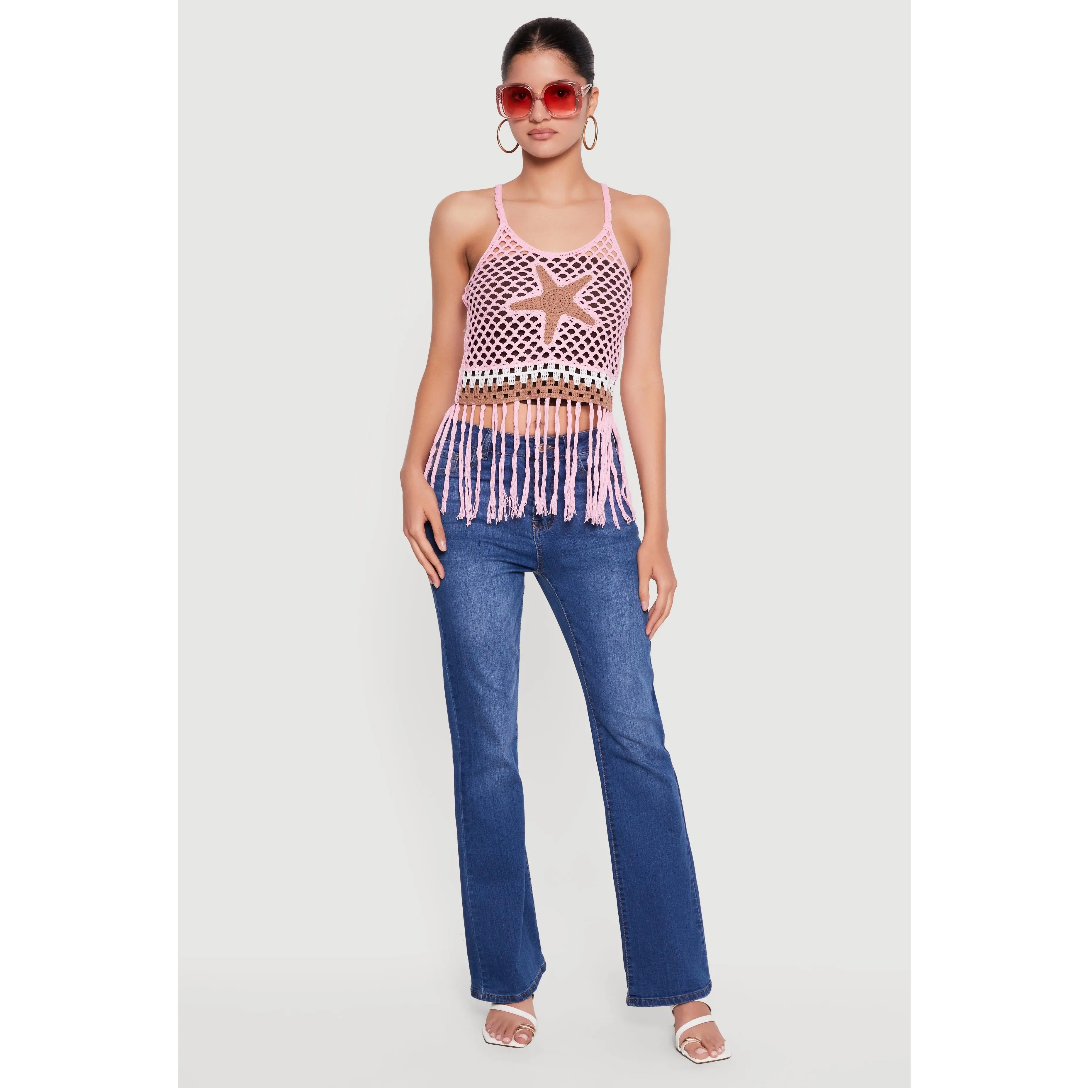 Starfish Graphic Fringe Hem Crochet Crop Top