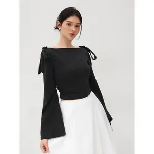 Cider Boat Neck Bowknot Ruched Long Sleeve Top