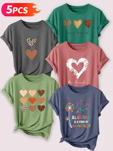 Women's Casual Round Neck cotton T-Shirt Set, Tees, Leopard & Heart Print Short Sleeve Tops, Spring Summer Daily Wear