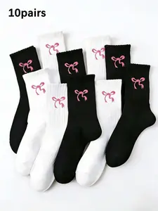 Women's Bow Mid-Calf Sports Socks, Athletic Fashionable Casual Comfort Breathable, 10 Pairs, All Seasons, Slim-Fitting
