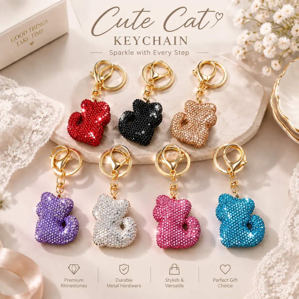 Bling Crystal Cat Keychain - 7 Color Options, Sparkly Keychains for Women, Bag Charms for Purse, Ideal Christmas Festive Gift & Stocking Stuffer