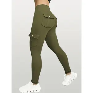 High-waisted cargo pocket yoga pants, stretchy and slimming sports leggings, quick-drying running training pants, hip-lifting design, street style, women's fitness pants.