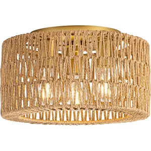 Bohemian Modern 3-Light Woven Rattan Flush Mount Ceiling Light Fixture for Bedroom Living Room Dining Room, Bulb NOT Included