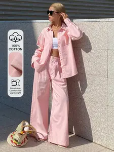 Women's Collared Loose Shirt And Straight-Leg Pants Casual Denim Set, Elegant And Girly Pink Aesthetic