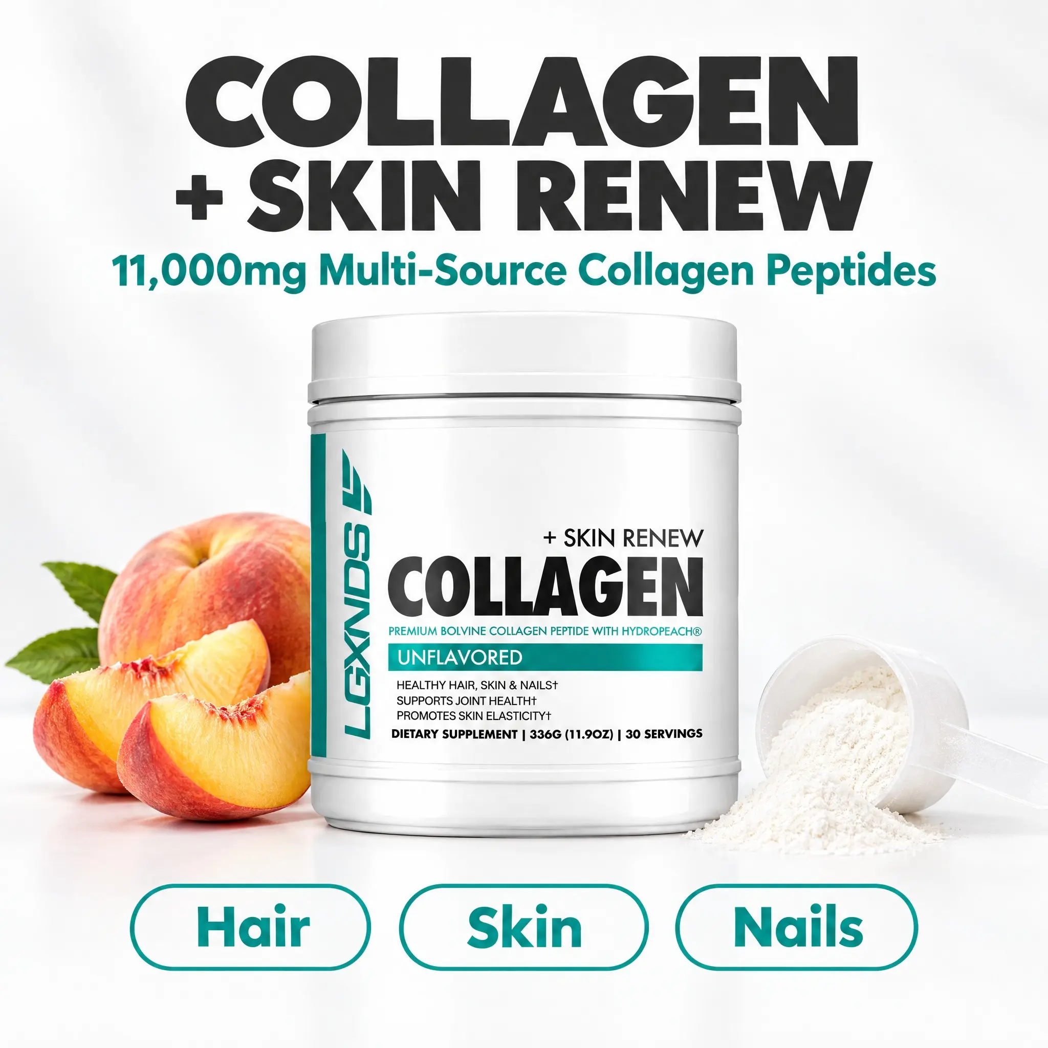 LGXNDS Collagen + Skin Renew | 11,000mg Multi-Source Collagen Peptides with Biotin and HydroPeach | Hair, Skin, Nails and Joint Support | Unflavored Powder, 30 Servings