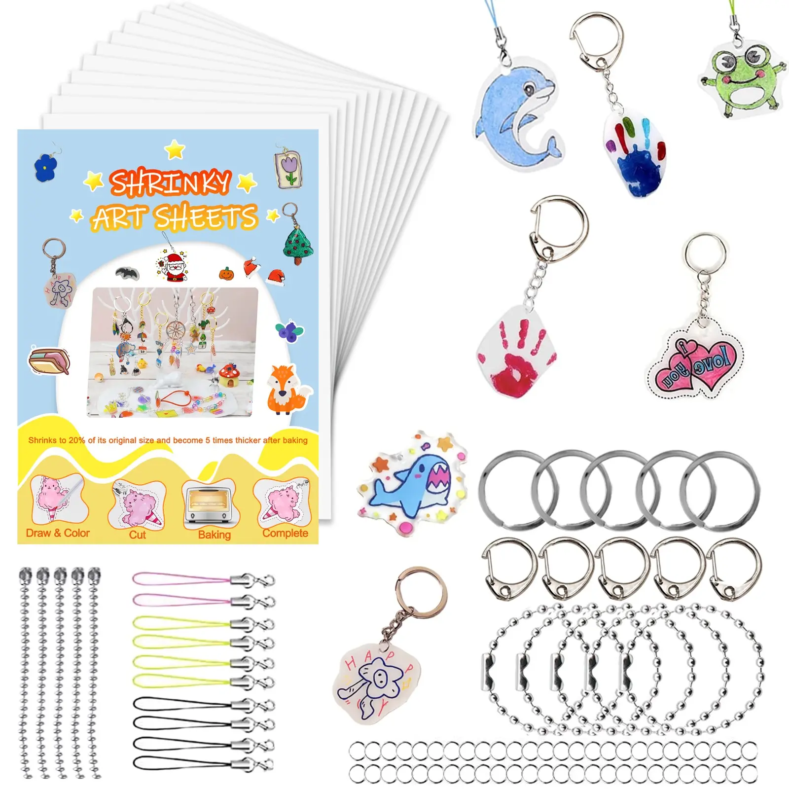 DIY Shrinky Dink Keychain Kit with 12 Shrinky Sheets and 163 Accessories to Make Personalized Keychains, Safe, Eco-Friendly, Ideal for Kids' Crafts and Parent-Child Activities, Perfect as Party Favors, Keychain Included