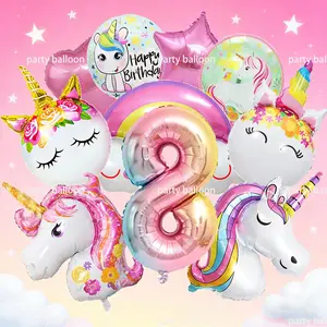 12pcs 32inch Gradient Unicorn Party Balloons, Foil Balloons, Gradual Color Numbers, Rainbow, Unicorn Shapes, Stars Hearts, Girl Birthday Party Decor