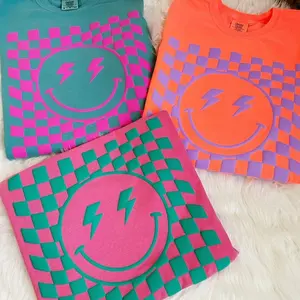 Checkered Smile Puff Print Tee, Summer Tee, Oversized Shirt, Comfort Colors