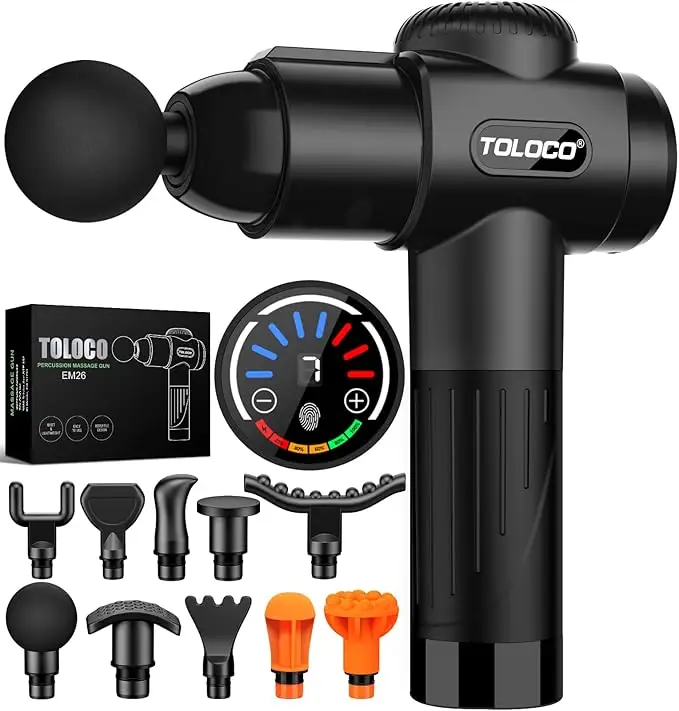 TOLOCO Massage Gun, Muscle Deep Tissue Massage Gun, Percussion massage gun with 10 replacement heads.