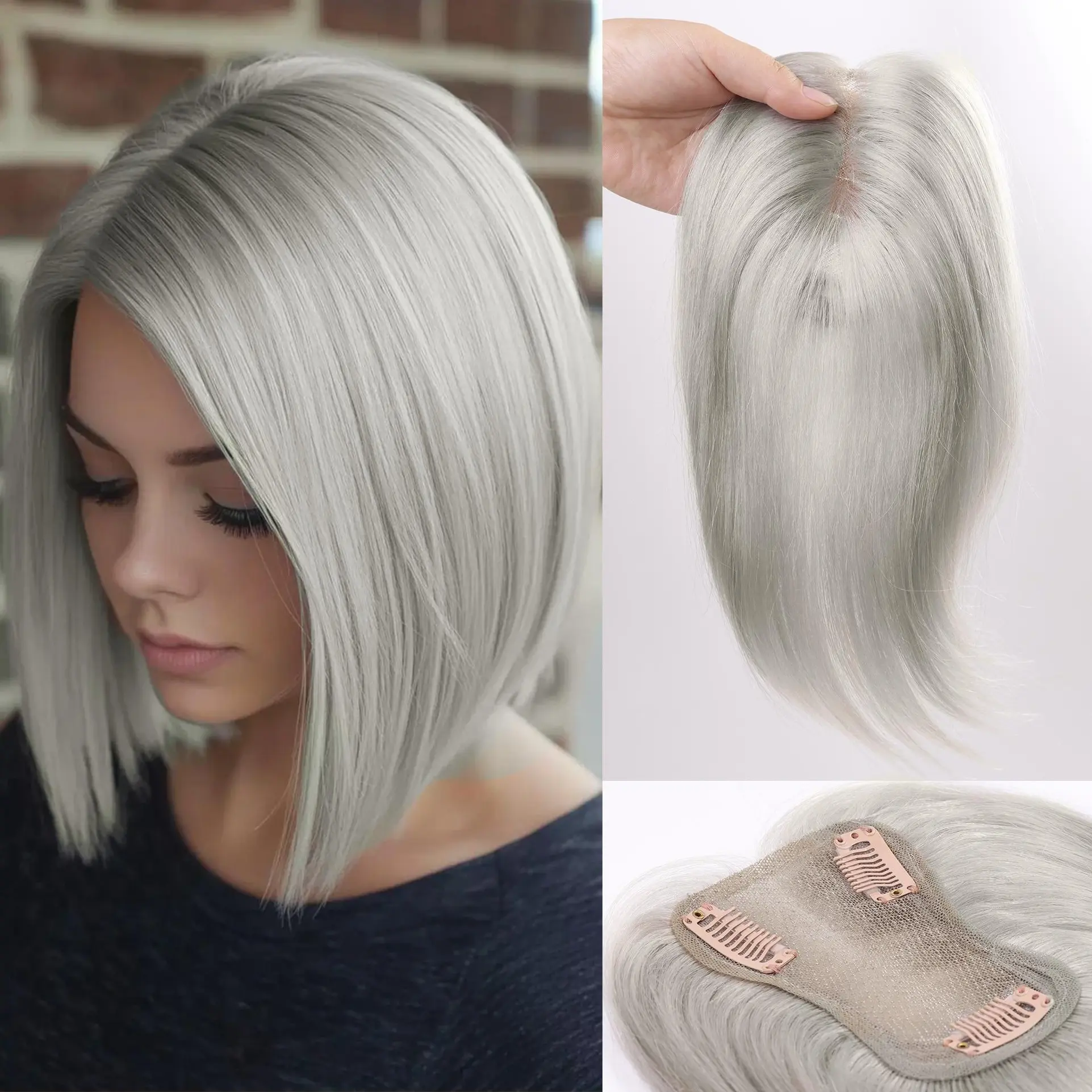 Vasilia Hair Toppers for Women Real Human Hair Silver Grey Hair Toppers for Women Hair Toppers for Women with Thinning Hair Grey Hair Toppers Clip in Hair Pieces for Women Real Hair Toppers for hair loss&Cover gray hair &cover Thinning Mother's Day