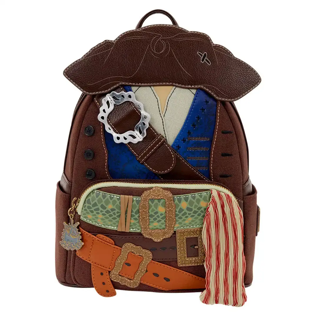 Pirate Captain Cosplay Mini Backpack for Women, Faux Leather & Twill Bag with Hat Top, Embroidery, and Buttons, Jolly Roger, Role Play, Mini Backpacks, Metallic, Debossed, Cosplay Look, Zipper Charm, 9” W X 10.5” H X 4.5” D, Cosplay Enthusiasts