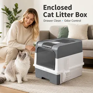 Enclosed Cat Litter Box for Cats, Drawer-Style Covered Litter Box with Scoop, Pull-Out Tray, Odor Control, Splash Guard, Dual-Mode Use