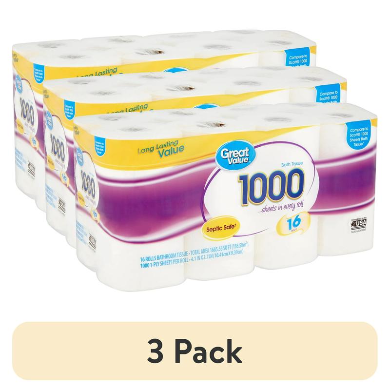 (3 pack) Great Value 1000 Bath Tissue Rolls, 16 Rolls