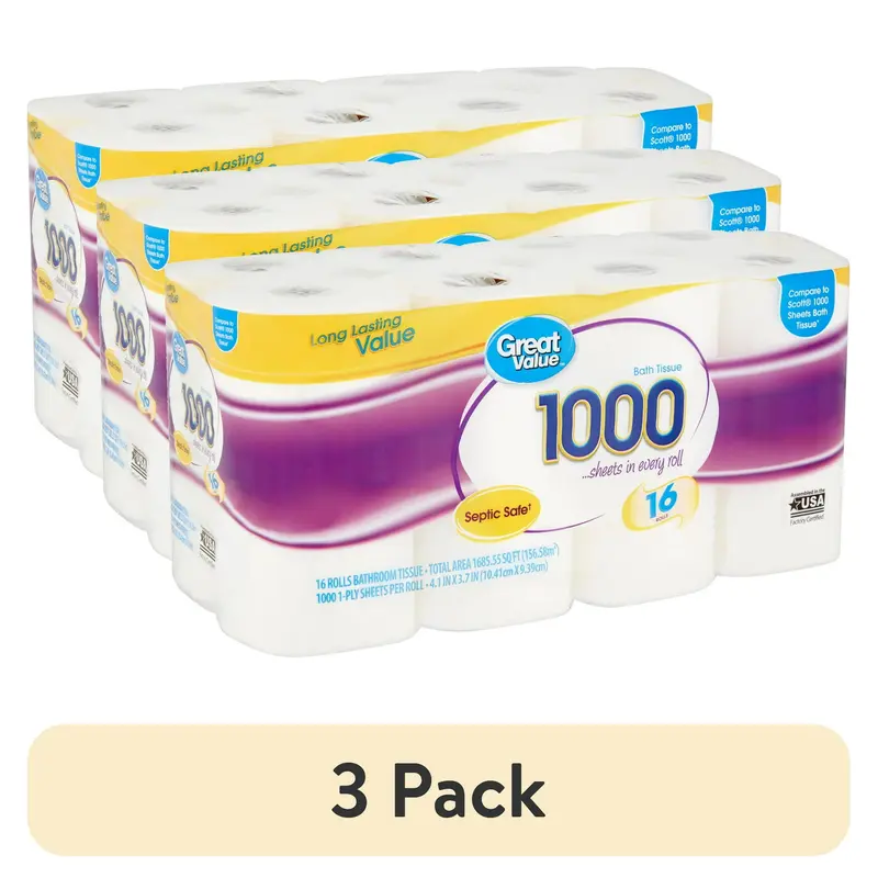(3 pack) Great Value 1000 Bath Tissue Rolls, 16 Rolls