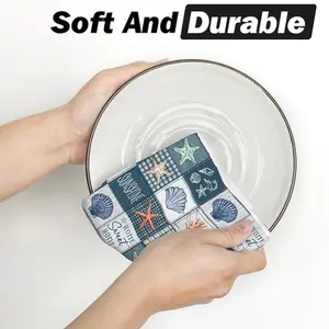 2 Piece Plaid Seashell Starfish Summer Kitchen Towel Dishcloth Set, 16-24 Inches, Farmhouse Style Decorative Cleaning Kit
