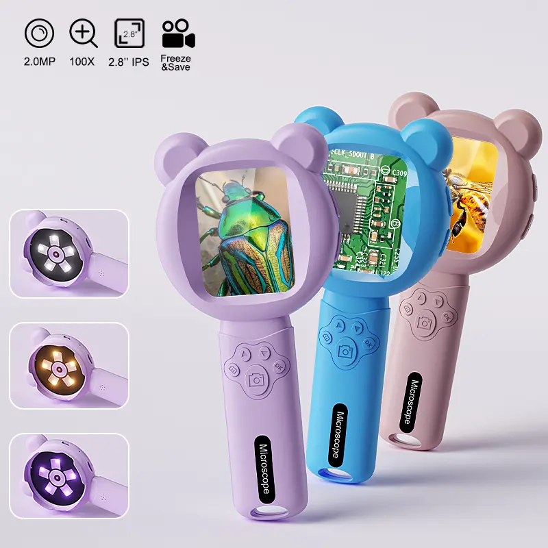 Kids Digital Magnifier 2.8’’ Screen Portable Video Microscope 2.0MP 100X Magnification with 15 LEDs for Outdoor Exploration