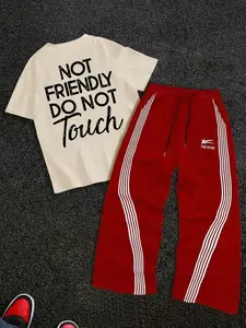 Men's Trendy 2-Piece Set Matching Outfit Graphic Letter Pattern Print T-Shirt Versatile Top + Drawstring Street Style Striped Casual Sport Pants, Menswear
