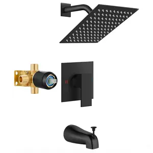 Shower Faucet Set with Tub Spout Bathtub Faucet Kit Shower Tub Faucet Set Complete Tub Shower Trim Kit with Solid Brass Rough-in Valve and Rainfall Square Showerhead,8 Inch-Matte Black
