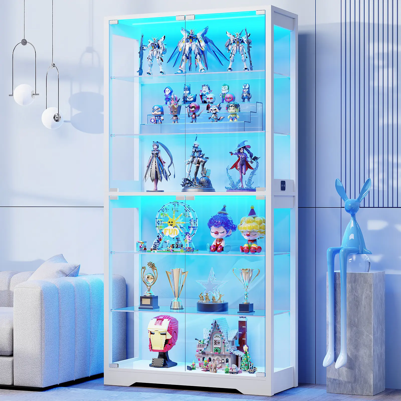 MIIFUNY Display Cabinet with Glass Door, 6-Tier 71" Curio Cabinet with 3 Color Lights for Collectibles, Display Case with Adjustable Glass Shelves, Human Body Sensor, Storage Cabinets, White