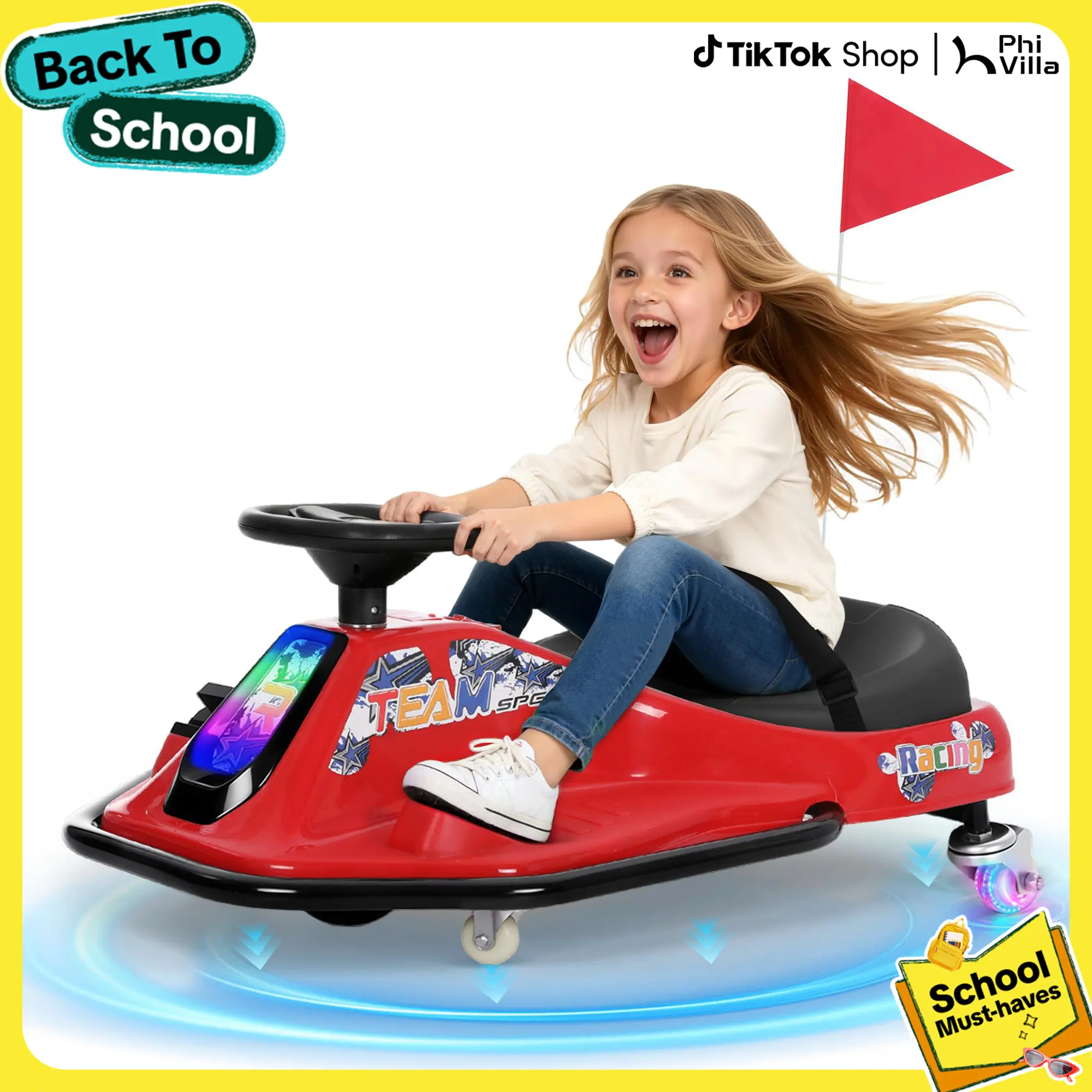 PHIVILLA Home 24V Electric Drift Car for Kids, 360° Rotating Ride On, Go Kart with 9.3 MPH Max, Wiggle Car，Light-Up Rear Wheels, Bluetooth Music, Safety Harness, Flashing Front Lights, Ages 3+, Slow Start,SummerVibes