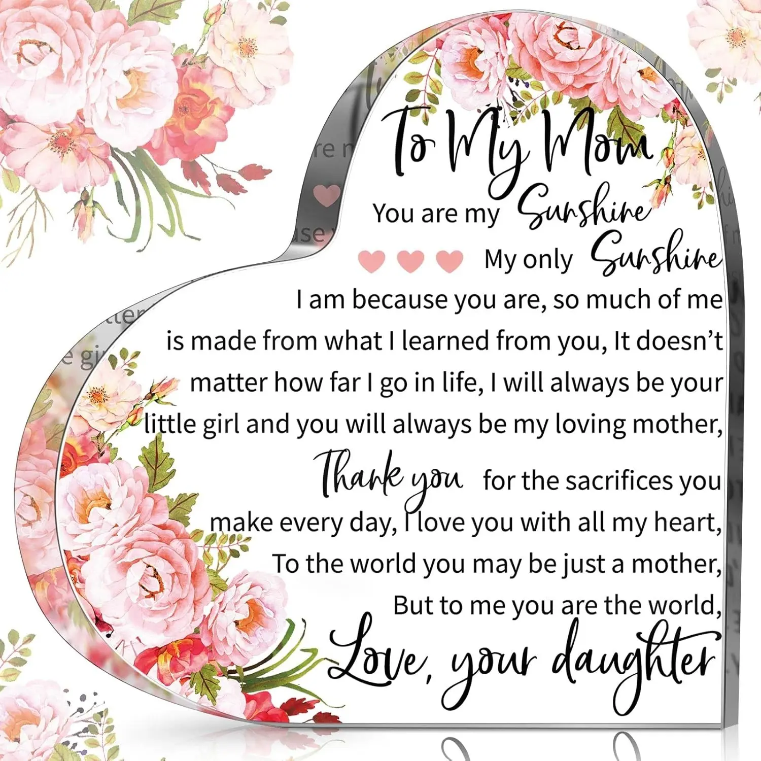 Mother's Day gift for the mom: this acrylic heart decor, Heart plaque, features a heartfelt daughter's message about gratitude and love, a decorative keepsake for mom's home