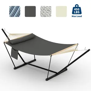 Sturdy 2-person hammock with adjustable steel frame – Portable outdoor hammock with cushion and balance ropes – For garden, patio, beach, balcony – Blue striped