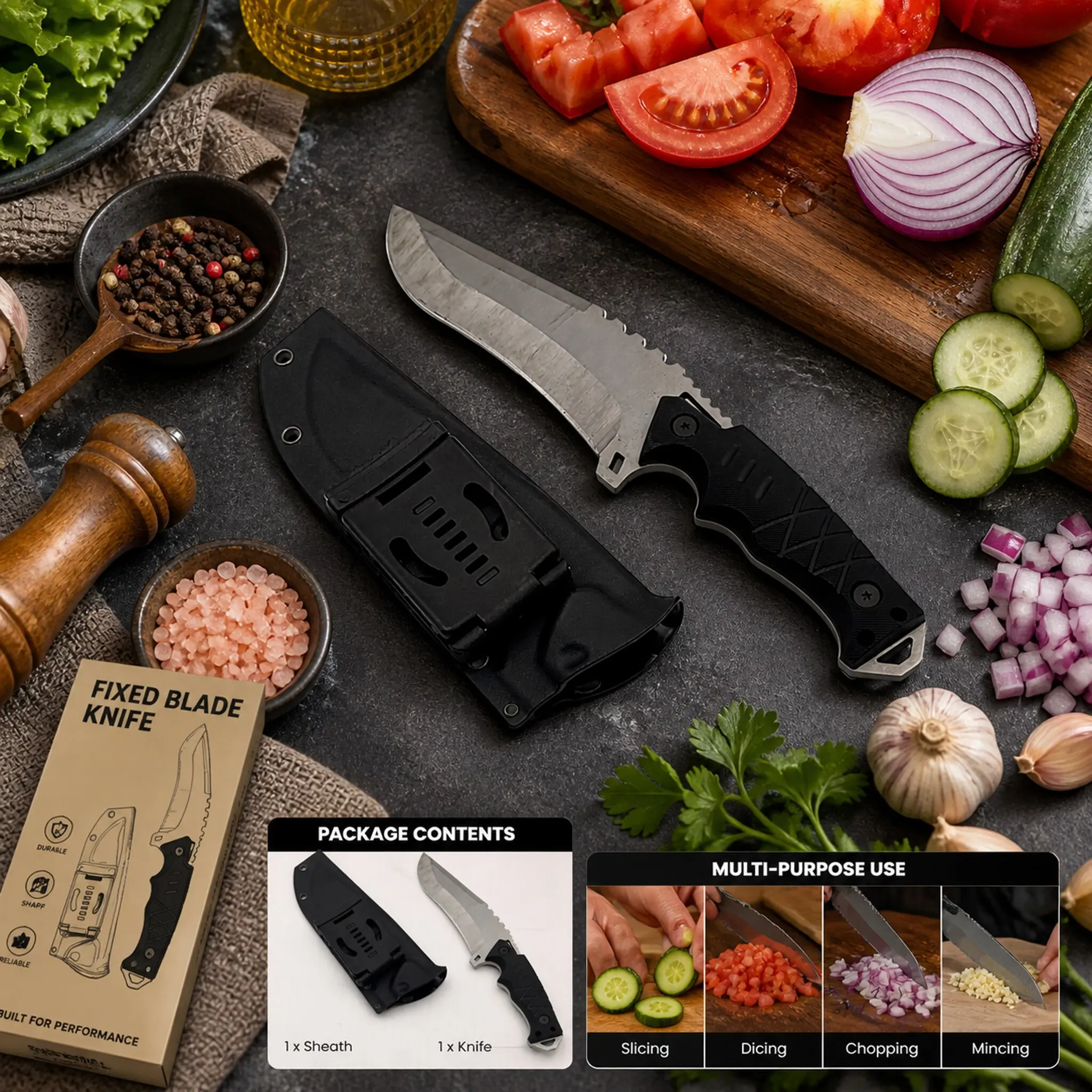 Kitchen Straight-Edge Fixed-Blade Survival Knife, Outdoor Camping Tactical Tool, Drop-Resistant K-Type Sheath, Belt-Mounted Portable Meat Cutter