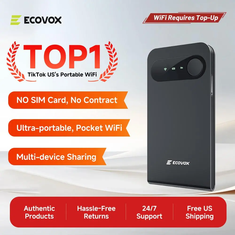 ECOVOX Mini WiFi Hotspot - FCC Certified 150Mbps 4G LTE Tri-Band Portable Pocket Wi-Fi, Auto-Switch AT&T/T-Mobile/Verizon, 86g Pocket-Sized, 1GB Data Bonus, Airport Use, Smart Touch Wireless Internet Device