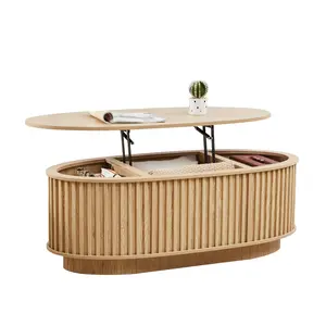 Giratree Lift Top Oval Coffee Table with Hidden Storage, 43.3'' Fluted Center Table with Lift-Up Desk Function, Mid-Century Modern Wooden Coffee Table for Living Room or Office