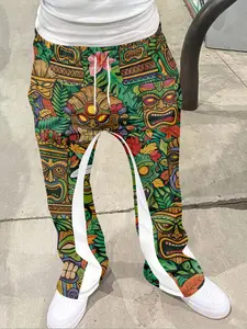 Tiki Mask Tropical Print Bell Bottoms, Vibrant Polynesian Casual Long Pants, Fitted Geometric Pattern, All Seasons Wear, Bohemian Street Trousers