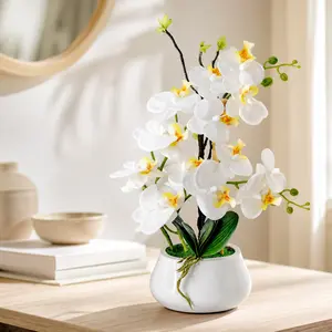 Artificial Orchid Flowers in Pot for Home Office Decor, Real Touch Faux Phalaenopsis Plant with Ceramic Vase, Lifelike Silk Orchid Arrangement