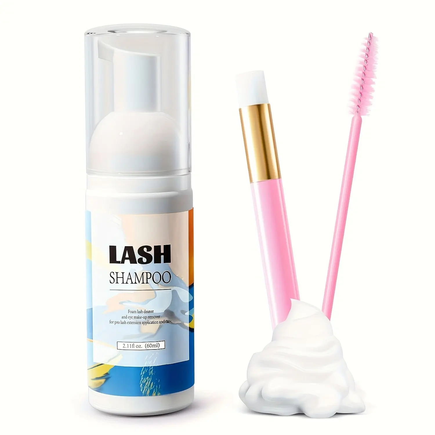 60ML False Eyelash Cleaner Mousse, Eyelash Foam Cleanser, Non-Irritating Lash Makeup Remover, Gentle Makeup Remover, Includes Soft Bristle Brush & Mascara Applicator